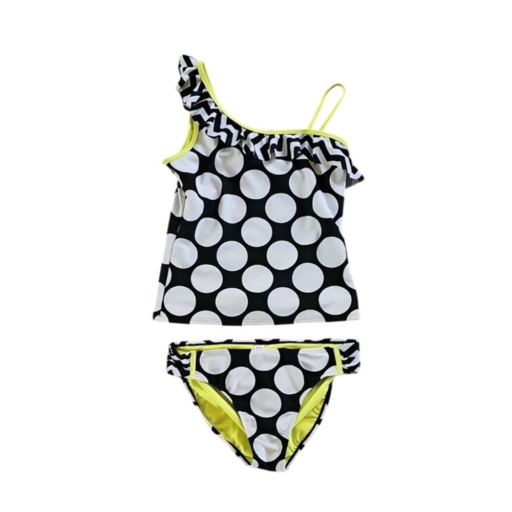 Justice Girls Polka Dot Yellow Ruffle Tankini Swimsuit Set Size 20 Summer Beach